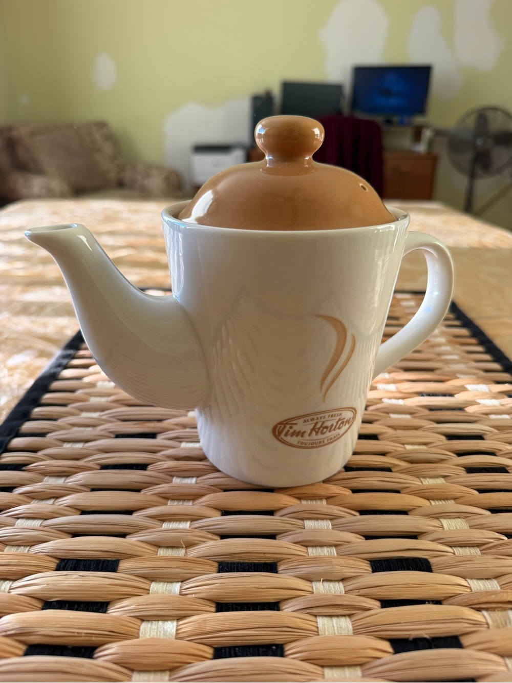 Tim Hortons White Ceramic Teapot with Tan Lid